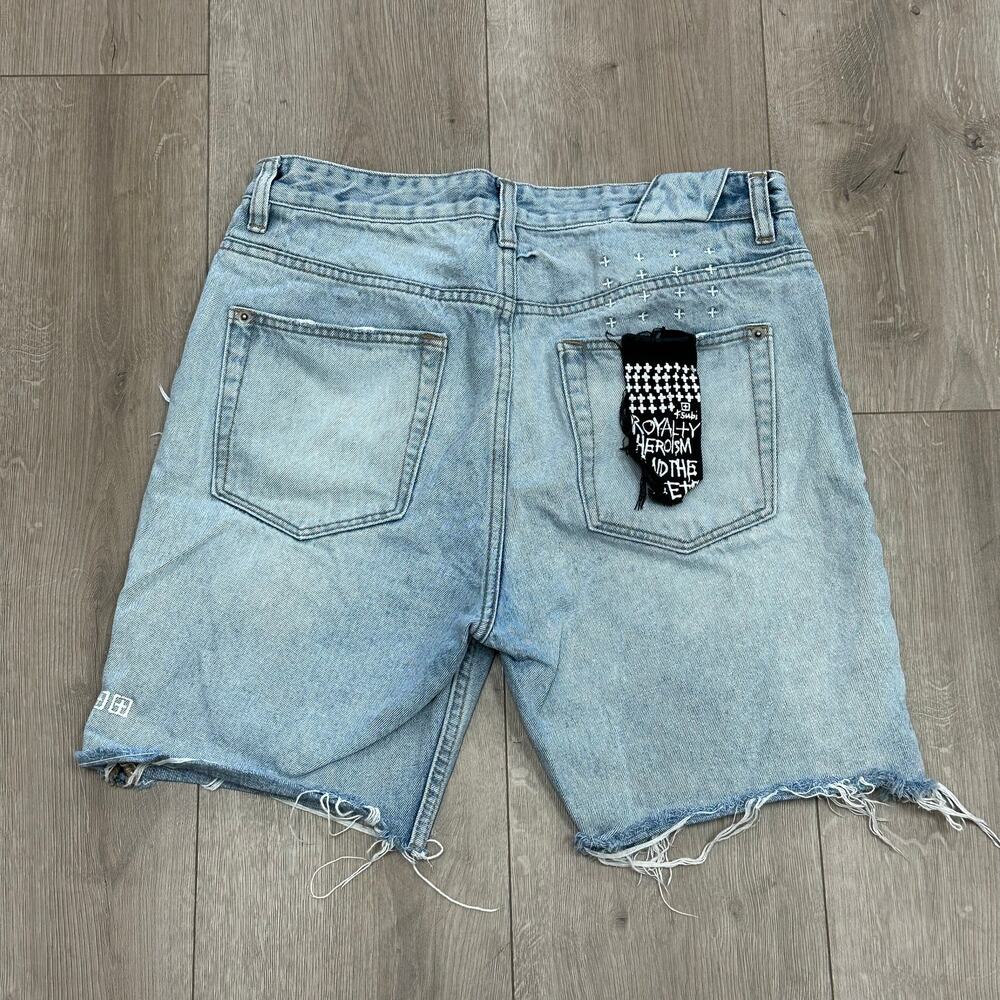 Ksubi Chopper Karma ripped distressed denim shorts blue size 32 B31